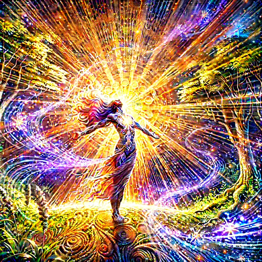 DALL·E 2025-04-16 16.59.07 – A powerful, spiritual image of a single person experiencing ecstatic bliss in nature. A radiant woman stands alone in a lush forest clearing at sunris